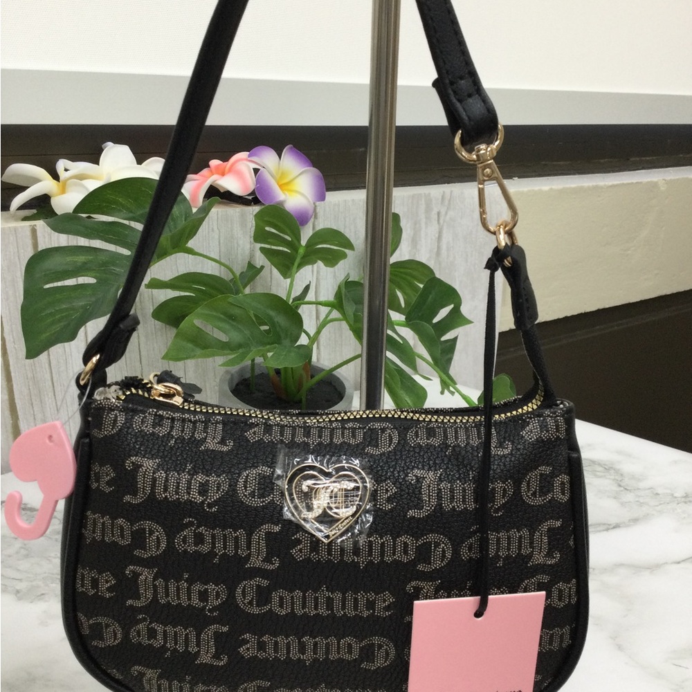 NWT Juicy Couture Flawless Mini Black Logo Wristlet or Heart Charm Shoulder Bag